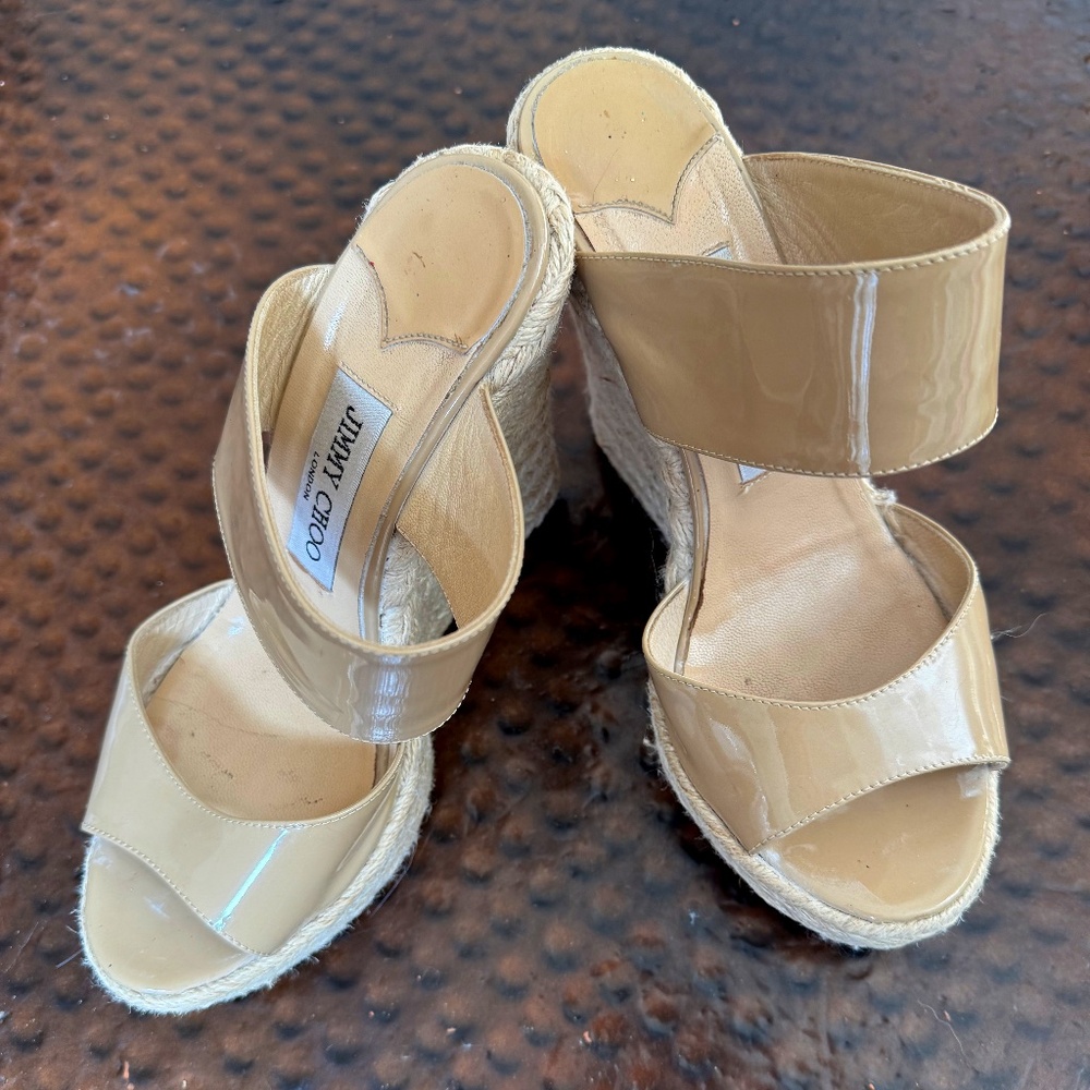 Jimmy Choo patent leather wedge platform espadrille sandal